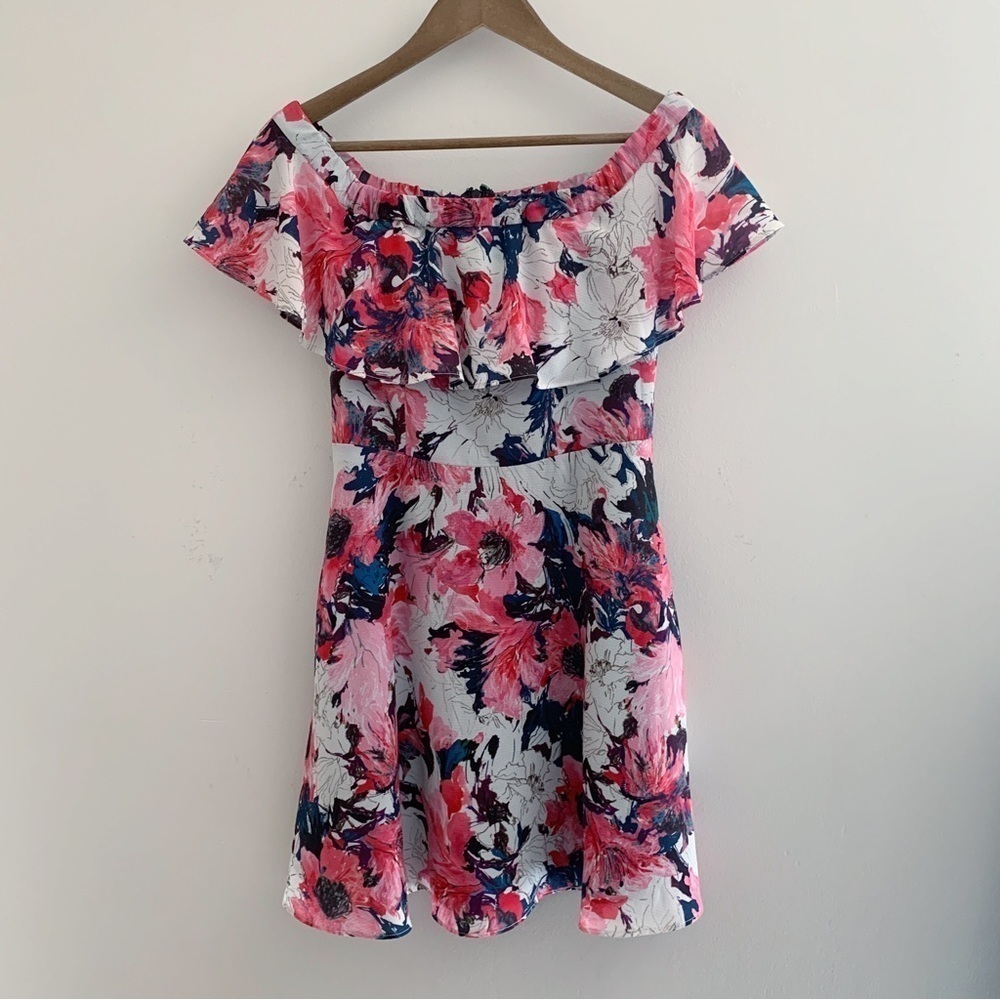 Black Halo Floral Off Shoulder Ruffle Mini Dress Sz 6 - Picture 4 of 7